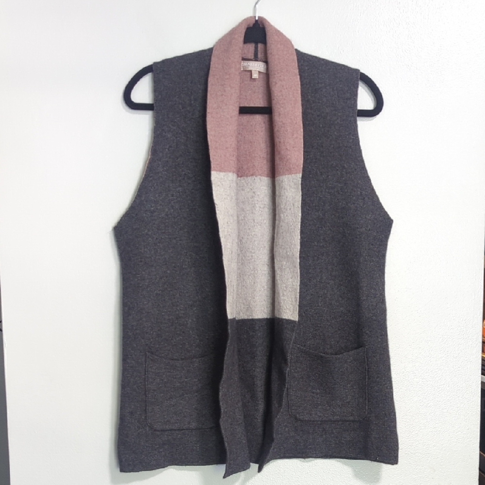 Benedetta B Merino Wool & Cashmere Blend Gray Pink Open Front Vest Cardigan M